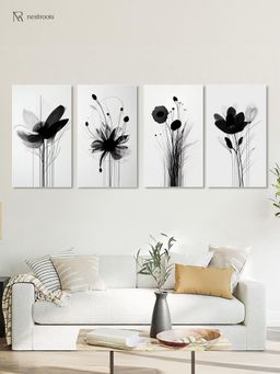 Nestroots - Monochrome Floral Elegance: Art Canvas Paintings (Pack of 4)