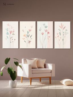 Nestroots - Elegant Floral Art Canvas White Frame Wall Paintings (Pack of 4)