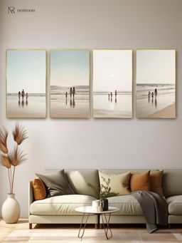 Nestroots - Heartwarming Family Beach Walk Series Canvas Gold Frame Wall Paintings (Pack of 4)