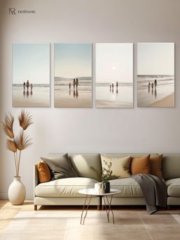 Nestroots - Heartwarming Family Beach Walk Series Canvas Wall Paintings (Pack of 4)