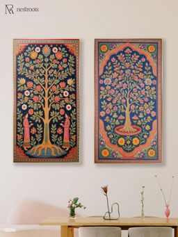 Nestroots - Tree Of Life Canvas Tapestries Printed Gold Frame Wall Paintings (Pack of 2)
