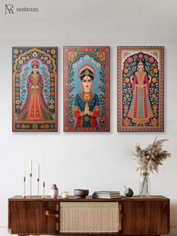 Nestroots - Elegant Indian Woman Canvas Series Printed Black Frame Wall Paintings (Pack of 3)