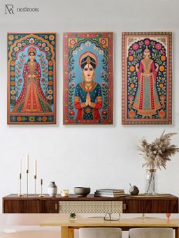Nestroots - Elegant Indian Woman Canvas Series Printed Gold Frame Wall Paintings (Pack of 3)