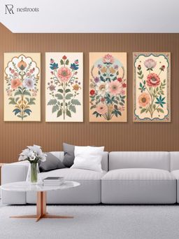 Nestroots - Elegant Floral Canvas Art Collection Printed Gold Frame Wall Paintings (Pack of 4)