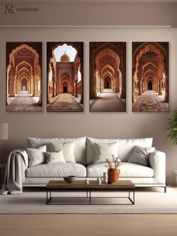 Nestroots - Ornate Arched Hall Canvas Collection Printed Black Frame Wall Paintings (Pack of 4)