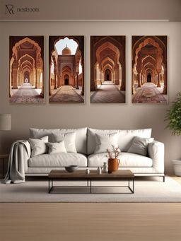 Nestroots - Ornate Arched Hall Canvas Collection Printed Gold Frame Wall Paintings (Pack of 4)