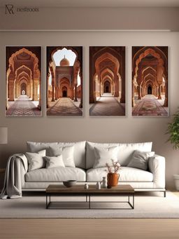 Nestroots - Ornate Arched Hall Canvas Collection Printed White Frame Wall Paintings (Pack of 4)