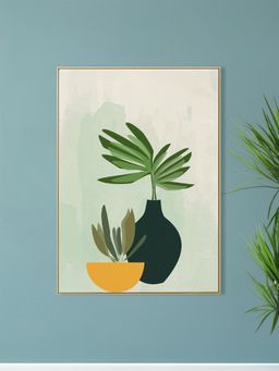 Nestroots - Serene Green Plant Bowl Art Canvas Gold Frame Wall Painting