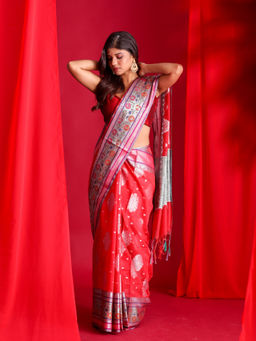 Beatitude - Red Woven Banarasi Saree with Unstitched Blouse