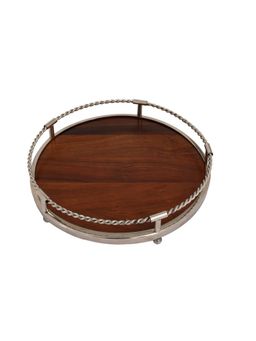 De Maison Decor - Brown Wood & Aluminium Round Sheesham Serving Tray