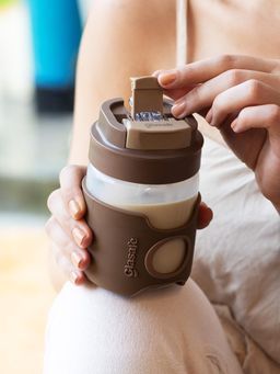 Glasafe - Brown 360ml Glass Coffee Sipper Mug with Silicone Grip & Lid