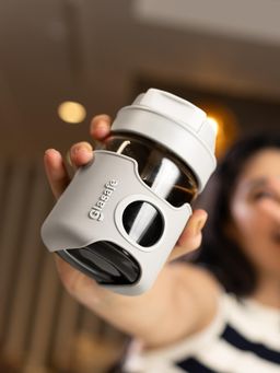 Glasafe - Grey 360ml Glass Coffee Sipper Mug with Silicone Grip & Lid