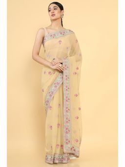 Soch - Women Beige Georgette Embroidery Saree with Unstitched Blouse