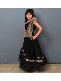 Pink Cow - Yellow Ghaghra Choli In Printed Organza With Pink Frilled Top (Pack of 2) (6-8 Years)