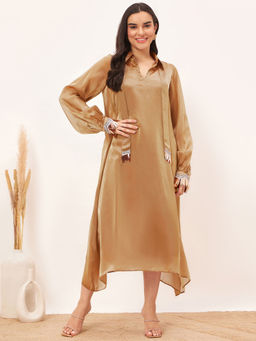 First Resort by Ramola Bachchan - Hazel Brown A-Line Dress with Bead Lace & Slip (Set of 2)