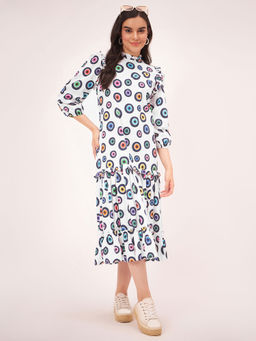 First Resort by Ramola Bachchan - White Evil Eye Frill Midi Length Dress