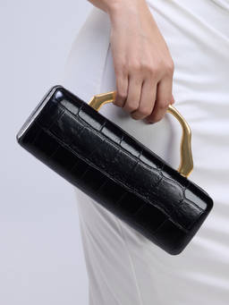 RSVP by Nykaa Fashion - Black Croc Texture Boxy Rectangular Clutch For Women