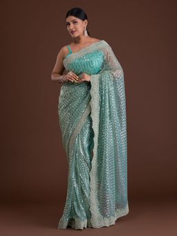 Koskii - Sea Blue MirrorWork Net Saree with Unstitched Blouse