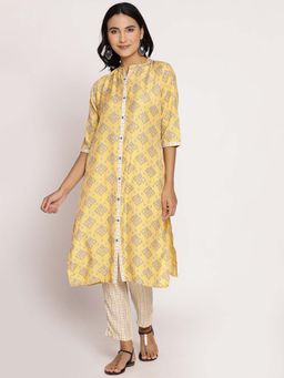 Shree - Women Modal Chanderi Yellow Ornamental Printed Kurta With Trouser (Set Of 2)