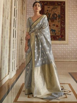 Odette - Womens Silk Blend Grey Woven Design Saree with Unstitched Blouse