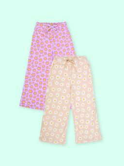 KiddoPanti - Girls Cotton Daisy Flower and Smiley Flower Aop Printed Pyjama (Pack Of 2)