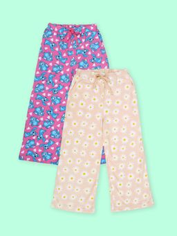 KiddoPanti - Girls Cotton Daisy Flower and Bunny Aop Printed Pyjama (Pack Of 2)