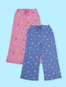 KiddoPanti - Girls Cotton Hello Heart and Donut Aop Printed Pyjama (Pack Of 2)