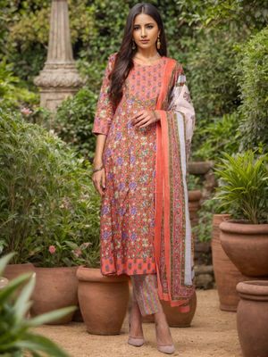 Peach Floral Print Pure Cotton Anarkali Kurta & Trouser with Dupatta