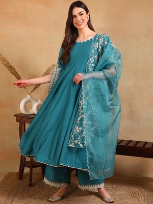 Women Navy Blue Embroidered Anarkali Kurta With Trouser And Dupatta