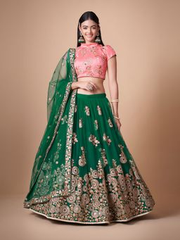Odette - Elegant Green Semi Stitched Lehenga With Unstitched Blouse (Set of 3)