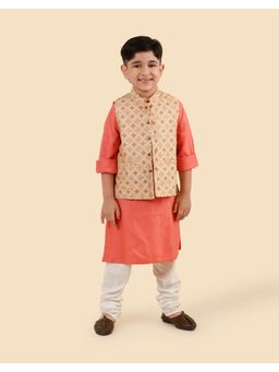 Fabindia - Pink Viscose Blend Hand Block Printed Kurta with Nehru Jacket