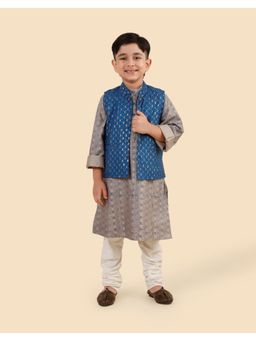 Fabindia - Grey Viscose Blend Hand Block Printed Kurta with Nehru Jacket