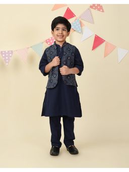 Fabindia - Indigo Cotton Ajrakh Printed Kurta with Pant & Nehru Jacket