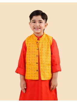 Fabindia - Yellow Viscose Blend Hand Block Printed Nehru Jacket