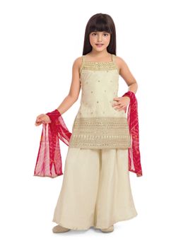Tiny Kingdom - Cream Embroidered Flower Design Kurta, Palazzo & Dupatta