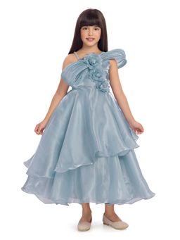 Tiny Kingdom - Blue Satin Woven Sleeveless Floral Brooch Designer Flared Gown