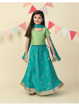 Fabindia - Blue Cotton Silk Blend Printed Choli with Lehenga & Dupatta