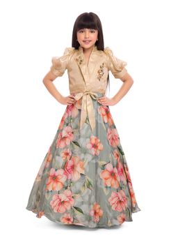 Tiny Kingdom - Cream Satin Woven Bead Embroidery Flower Design Top with Lehenga