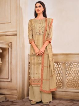 Stylee LIFESTYLE - Beige Jam Satin Printed Dress Material (Set of 3)