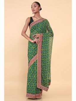 Soch - Women Green Georgette Printed Saree with Unstitched Blouse