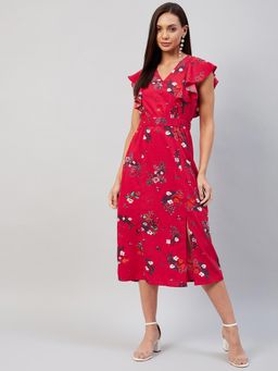 RARE - Women Casual Red Colour Midi Floral Dress