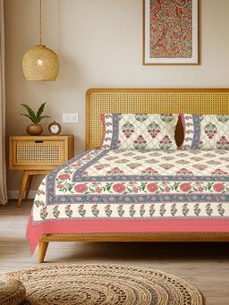 Urban Space - Rajasthani Floral Pure Cotton King Bedsheet with 2 Pillow Covers - Amber Pink
