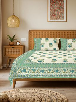 Urban Space - Rajasthani Floral Pure Cotton King Bedsheet with 2 Pillow Covers - Bali Green