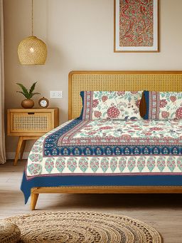 Urban Space - Rajasthani Floral Pure Cotton King Bedsheet with 2 Pillow Covers - Gulbagh Navy