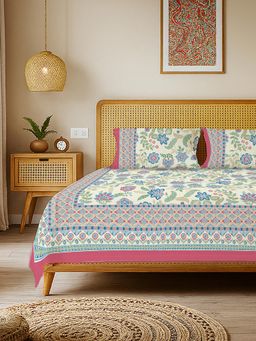 Urban Space - Rajasthani Floral Pure Cotton King Bedsheet with 2 Pillow Covers - Noorjaal
