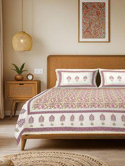 Urban Space - Rajasthani Floral Pure Cotton King Bedsheet with 2 Pillow Covers - Mahal Yellow