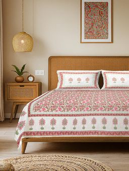 Urban Space - Rajasthani Floral Pure Cotton King Bedsheet with 2 Pillow Covers - Mahal Pink