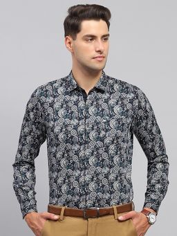Monte Carlo - Mens Navy Blue Floral Printed Full Sleeve Party Shirt