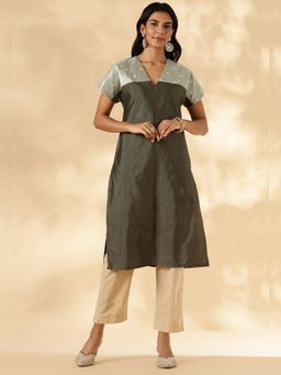 Abhishti - Olive Drop-Shoulder Contrast Tissue Yoke Kurta