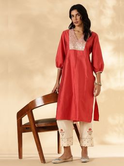 Abhishti - Rust Orange V Neck Brocade Accent and Balloon Sleeves Kurta